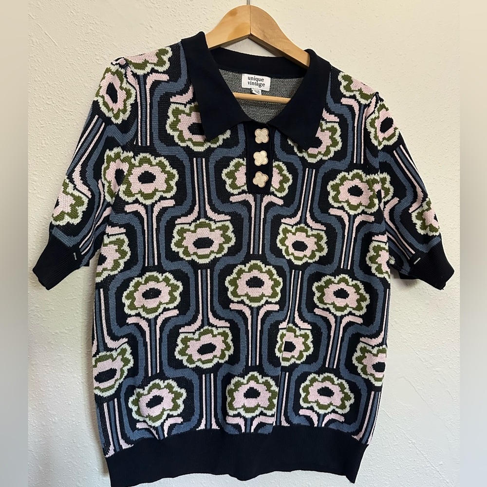 Unique Vintage Blue & Pink Daisy Daze Prim & Pretty Sweater, 2x/18. NWOT